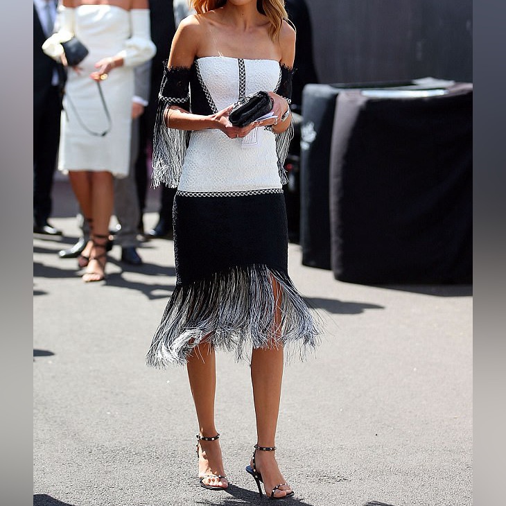 Alexis Antoinette Embroidered Fringed Midi Dress Black/White Small